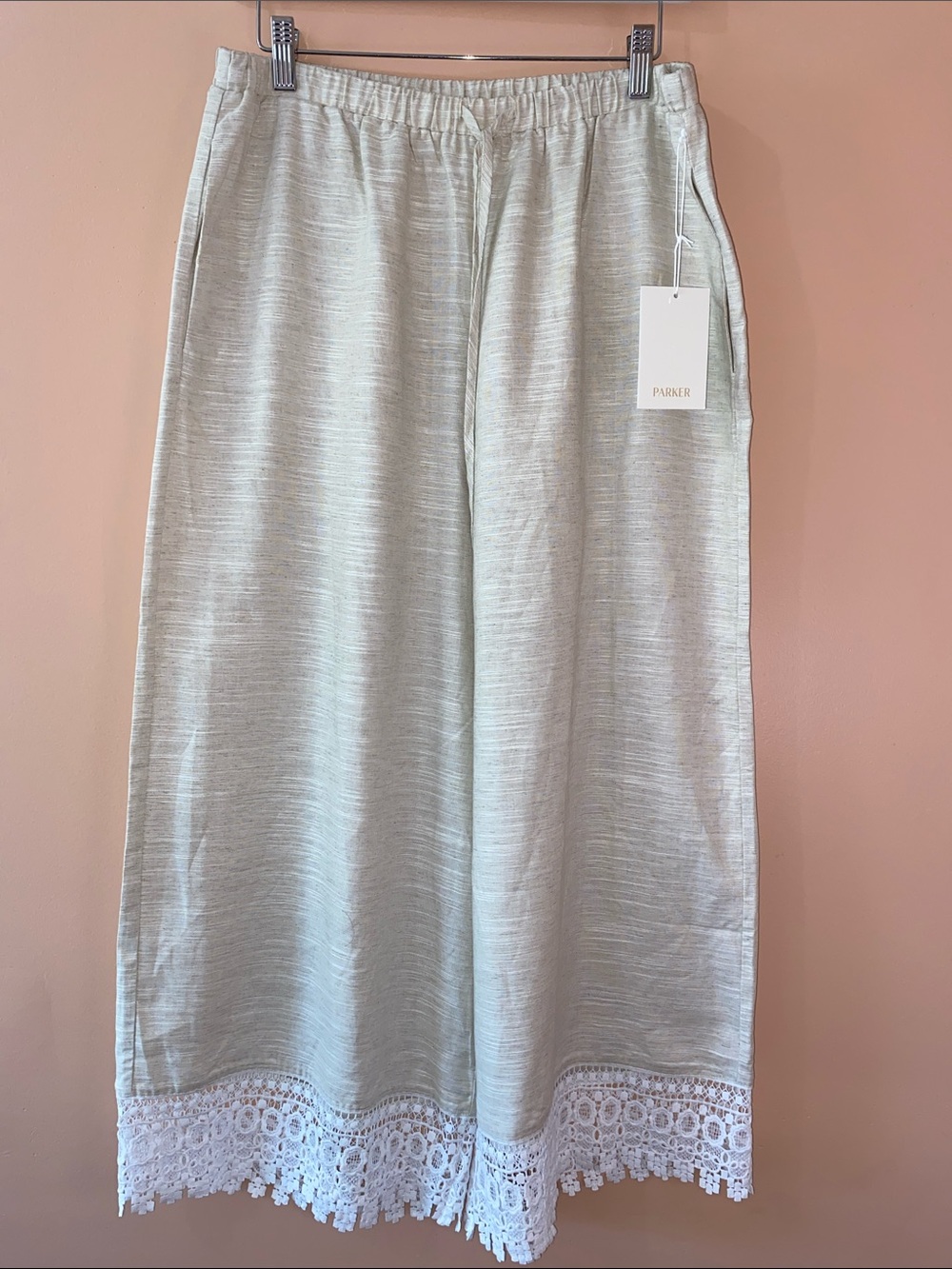 Parker Sage Wide-Leg Pants with White Lace Trim Size M